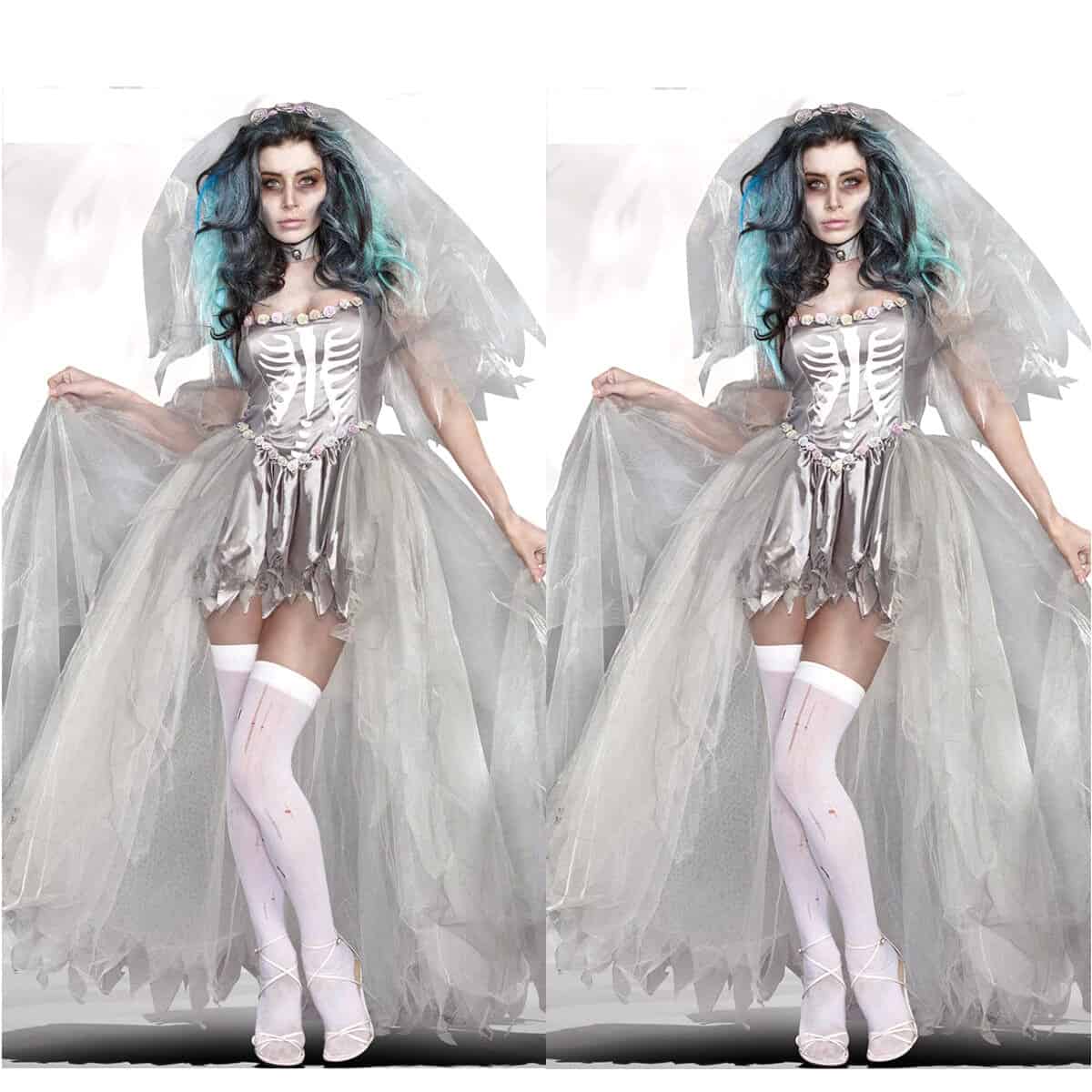 Déguisement couple zombie mariée squelette Halloween.